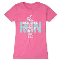 Women's Everyday Runners Tee She Believed She Could So She Did 13.1 -goneforarun Sales 2023 tr 15459 HOTPINK