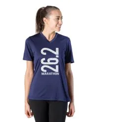 Women's Short Sleeve Tech Tee - 26.2 Marathon Vertical -goneforarun Sales 2023 tr 43487 NAVY MODEL