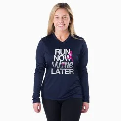 Women's Long Sleeve Tech Tee - Run Now Wine Later (Bold) -goneforarun Sales 2023 tr 44707 NAVY MODEL