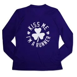 Women's Long Sleeve Tech Tee - Kiss Me I Am A Runner Shamrock -goneforarun Sales 2023 tr 44759 ROYAL MAIN