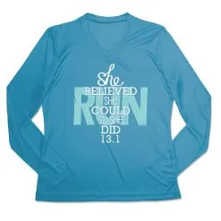 Women's Long Sleeve Tech Tee - She Believed She Could So She Did 13.1 -goneforarun Sales 2023 tr 44771 CAROLINA MAIN