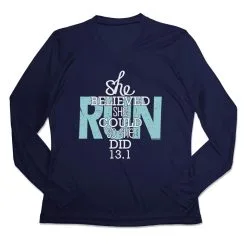 Women's Long Sleeve Tech Tee - She Believed She Could So She Did 13.1 -goneforarun Sales 2023 tr 44771 NAVY MAIN
