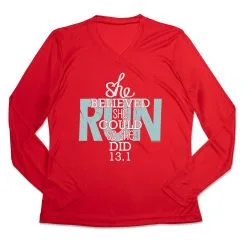 Women's Long Sleeve Tech Tee - She Believed She Could So She Did 13.1 -goneforarun Sales 2023 tr 44771 RED MAIN