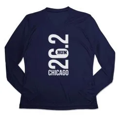 Women's Long Sleeve Tech Tee - Chicago 26.2 Vertical -goneforarun Sales 2023 tr 44817 NAVY MAIN