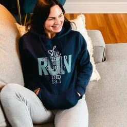 Statement Fleece Hoodie - She Believed She Could So She Did 13.1 -goneforarun Sales 2023 tr 45013 NAVY LIFESTYLE